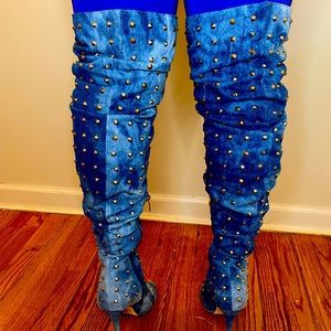 Liliana denim studded thigh high boots that  can also be worn scrunched down .